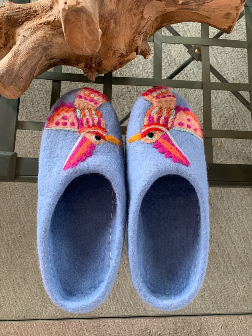 NEW Handcrafted French Knot Hummingbird Felt Wool Slippers in Light Blue Size M
